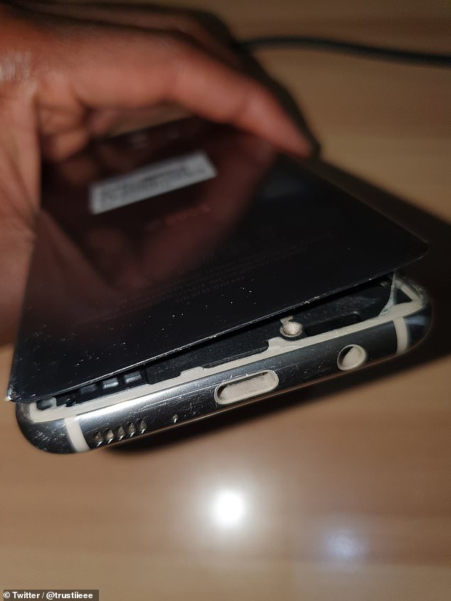 The smartphone looks like it was split in half caused by an exploding battery, the user claims