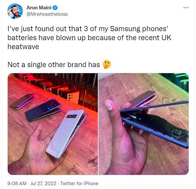 A YouTuber reviewing tech shared on Twitter images of three Samsung smartphones that he says have been damaged in the heatwave - the batteries exploding from swelling