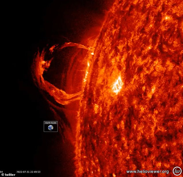 There was also a C9.3 flare shooting out of the sun on Sunday.  C-class flares are small and have few noticeable effects on Earth, but they are exciting to watch.  The flare appears as a broken circle exploding out of the sun