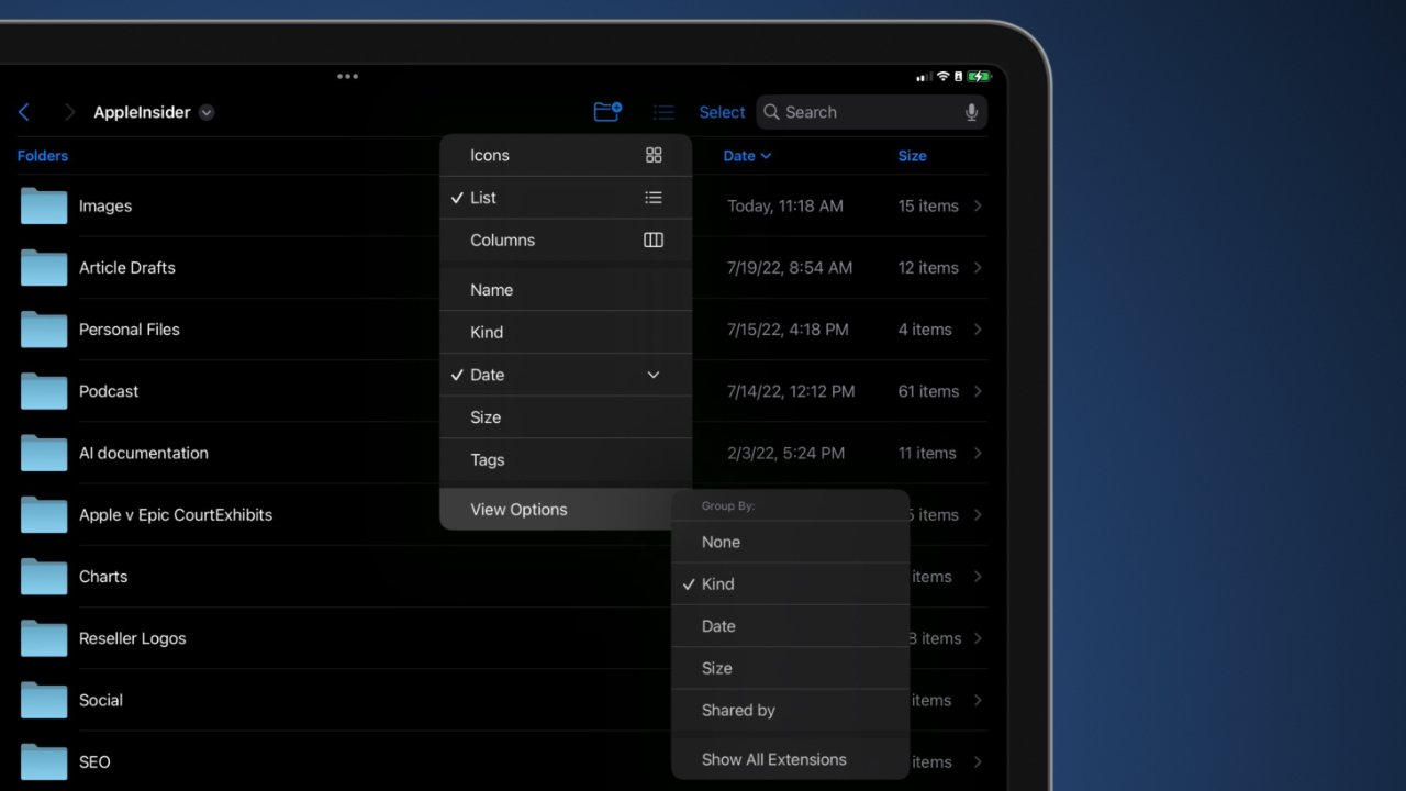 Organize files and folders using groups and list options