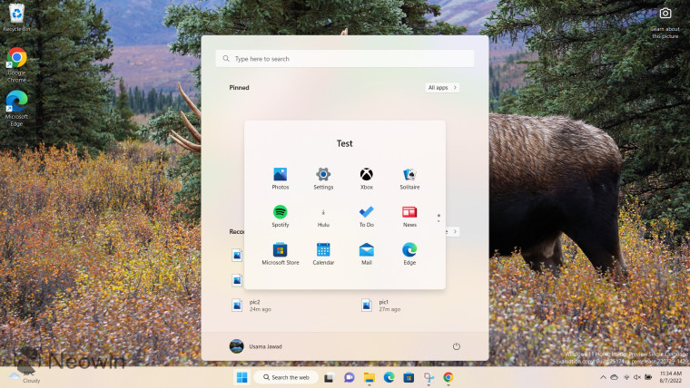 App folder called Test open in Windows 11 Start menu