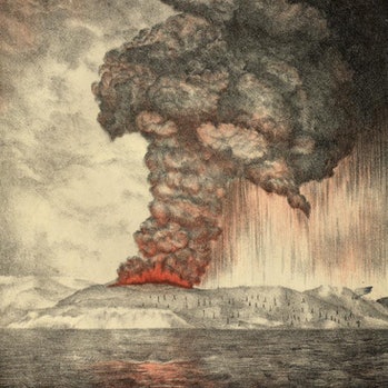 A lithograph depicting the Krakatoa eruption of 1883.  The fiery eruption is seen here and has a high...