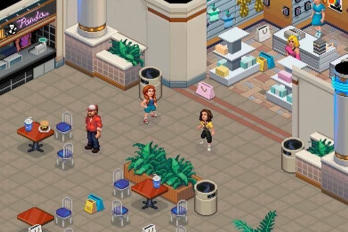 An image from a video game shows pixelated characters in a mall