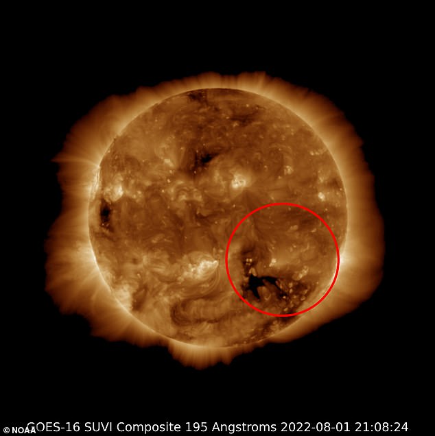 The geomagnetic storm is due to a coronal hole (pictured) in the southwestern region of the Sun's face ejecting