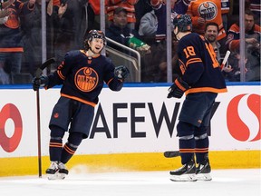 Edmonton Oilers' Kailer Yamamoto (56) celebrates Thursday, May 28.