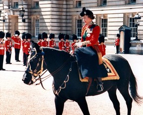 Britain's Queen Elizabeth II rides her Burmese horse for the last time during the Trooping of the Color in London, England in this June 1986 file photo