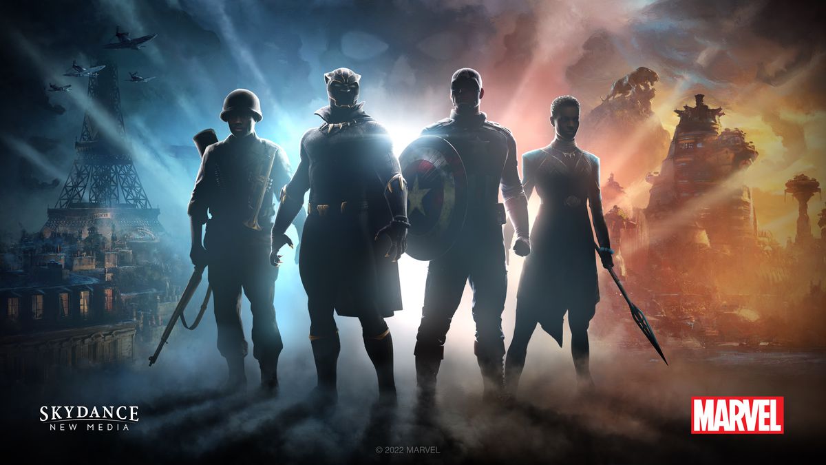 Silhouettes of Gabriel Jones, Azzuri, Steve Rogers/Captain America, and Nanali stand against images of WWII-era Paris to the left and Wakanda to the right.