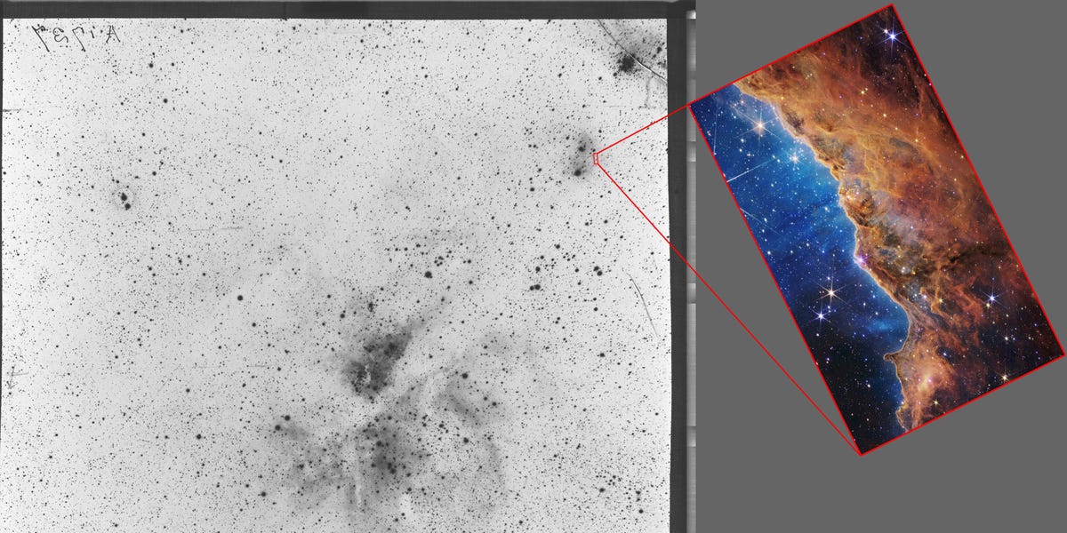 Side by side photographic glass plates and images by James Webb show how telescope technology has evolved since the 19th century