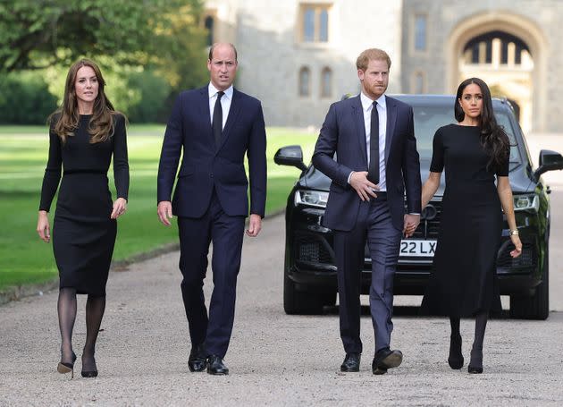 The Prince and Princess of Wales and the Duke and Duchess of Sussex arrive at Windsor Castle in Windsor, England on September 10 for flowers and tributes to Queen Elizabeth.  (Photo: Chris Jackson via Getty Images)