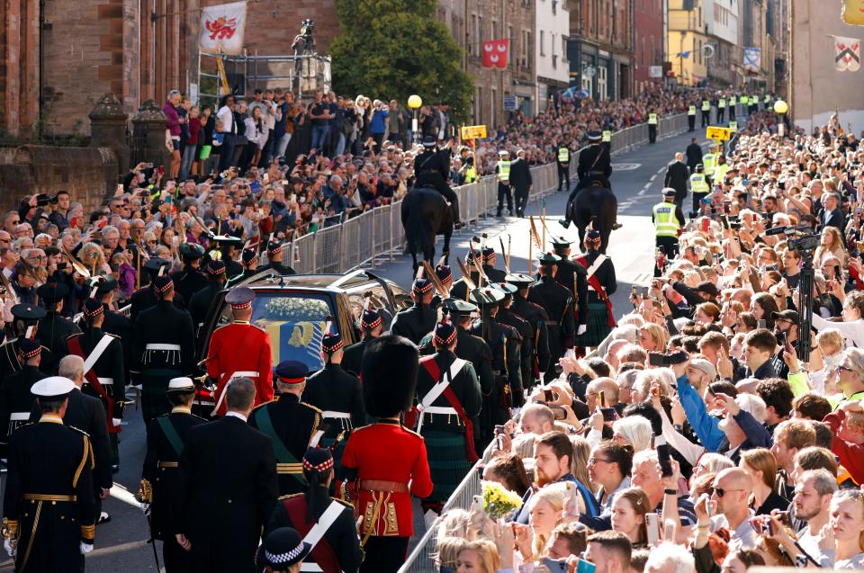 Britain's Prince Andrew, Duke of York, Britain's Princess Anne, Princess Royal and Britain's King Charles III.  walking on the Royal Mile behind the procession of the coffin of Queen Elizabeth II on 12 September 2022 Queen Elizabeth II will lie at rest.  - Mourners will get their first opportunity to pay their respects to Queen Elizabeth II's coffin on Monday, as it lies in an Edinburgh cathedral where King Charles III.  will lead a vigil.  (Photo by Odd ANDERSEN/POOL/AFP) (Photo by ODD ANDERSEN/POOL/AFP via Getty Images)