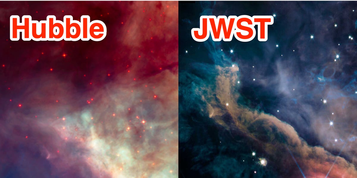 Side-by-side photos of the Orion Nebula show the power of Webb's infrared cameras.  They spot star-forming clouds and gas cocoons that Hubble can't see.