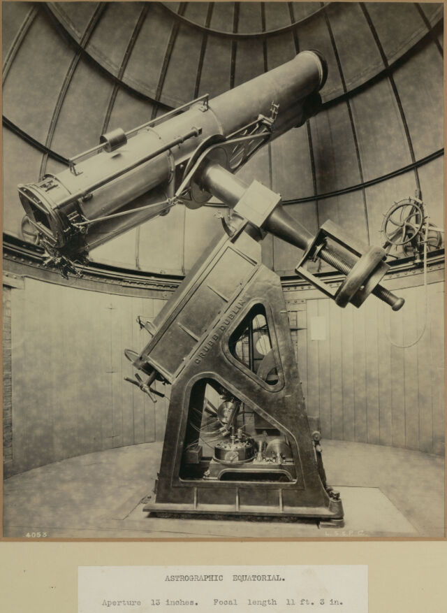 The astrographic telescope used at the Royal Observatory in Greenwich for the Carte du Ciel photographic survey of the sky.  The instrument consists of two refractor telescopes mounted together on an equatorial mount.  One was used to take the photo, the other to ensure accurate tracking with the long exposure times that were necessary for the less light-sensitive films available at the time. 