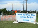 An AHS COVID-19 drive-thru proving ground is pictured in northeast Calgary near Deerfoot Tr.  and 32 Avenue NE Wednesday, July 13, 2022. 