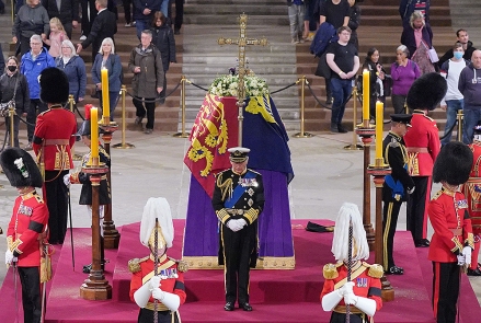 28 Days UK Out Mandatory Credit: Photo by Yui Mok/WPA Pool/Shutterstock (13395924k) King Charles III, Princess Anne, Prince Andrew and Prince Edward hold a vigil next to the coffin of their mother, Queen Elizabeth II on the catafalque in the State Westminster Hall, at the Palace of Westminster, London Vigil following the death of Queen Elizabeth II, Westminster Hall, London, UK - 16 September 2022