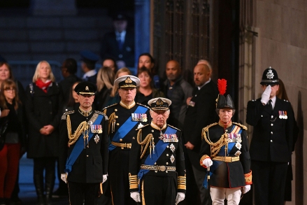 Britain's King Charles III, Britain's Princess Anne, Britain's Prince Andrew and Prince Edward attend a vigil for Queen Elizabeth II as she atop the catafalque in Westminster Hall at the Palace of Westminster, London Royals, London, United Kingdom - 16 September 2022