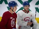 Juraj Slafkovsky (left) and Filip Mesár, both of Slovakia, take a break after ice skating practice at the Bell Sports Complex in Brossard, Que., on day one of their evaluation camp Monday, July 11, 2022. Slafkovsky set up Mesár for a goal vs. Buffalo in game one of the 2002 Prospects Challenge in Buffalo on Thursday September 15, 2022.