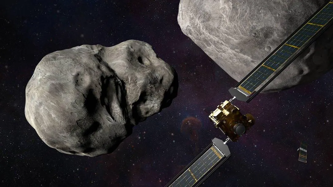 An illustration of the DART impactor spacecraft and accompanying LICIACube moments before impact on Dimorphos.