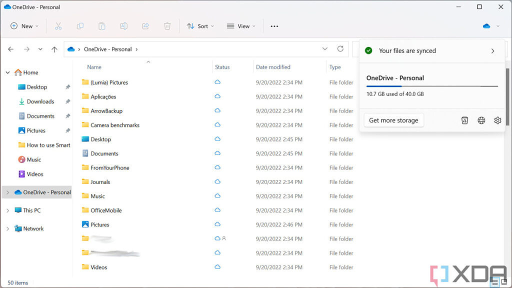 OneDrive folder with Storage flyout in File Explorer