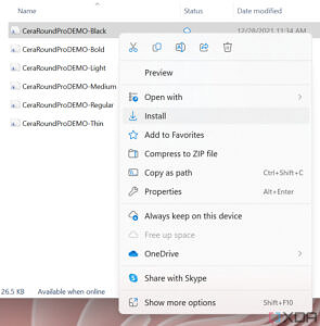 File Explorer's context menu shows the option to install a font