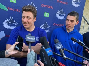 Russia players Andrey Kuzmenko (left) and Ilya Mikheyev (right) at Canucks training camp in Whistler on Thursday.  (Photo: Patrick Johnston)