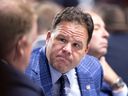 Jeff Gorton, the Canadians' executive vice president of hockey operations, speaks to members of his management team during the NHL draft at the Bell Center on July 7, 2022 in Montreal.