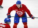 Defenseman Kaiden Guhle waits his turn during practice on day one of the Montreal Canadiens rookie camp at the Bell Sports Complex in Brossard September 16, 2021.