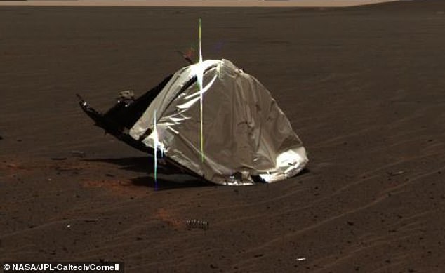 NASA's Opportunity is now dead on Mars, but it sent a picture of its heat shield in 2004, along with debris littering the ground for several miles.