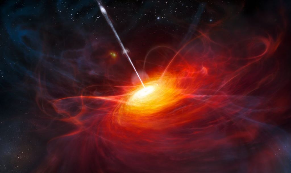 Artist's rendering of ULAS J1120+0641, a very distant quasar powered by a black hole two billion times the mass of our Sun.  Credit: ESO/M.  grain knife