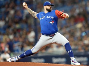 Toronto Blue Jays starting pitcher Alek Manoah (6) throws a pitch against the Tampa Bay Rays in the first inning at Tropicana Field.