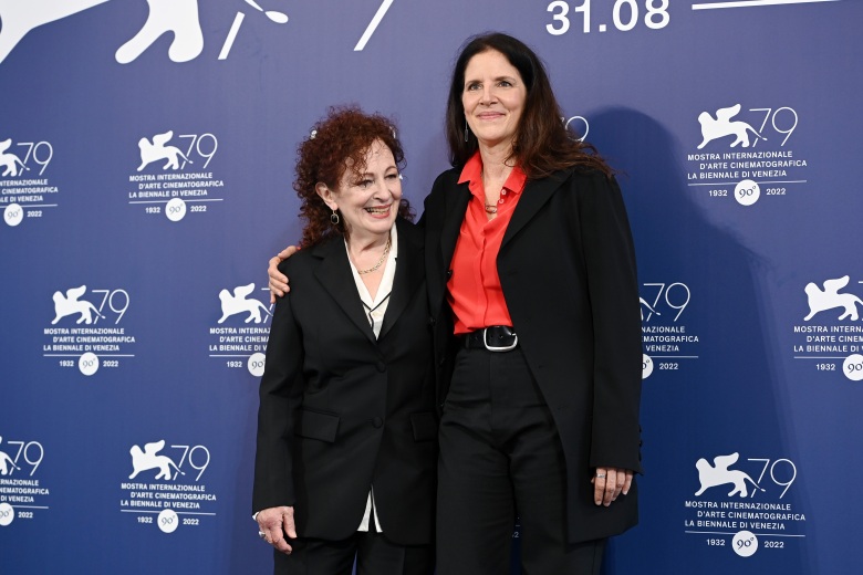 VENICE, ITALY - SEPTEMBER 03: Nan Goldin and director Laura Poitras attend the photocall for "All The Beauty And The Bloodshed" at the 79th Venice International Film Festival on September 03, 2022 in Venice, Italy. (Photo by Kate Green/Getty Images)