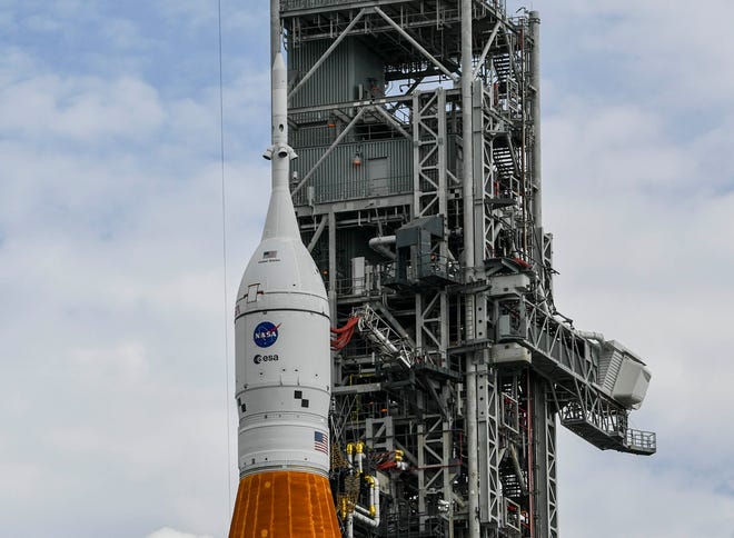 The Orion capsule sits atop the Space Launch System rocket at Kennedy Space Center on Friday, September 2, 2022.  A second attempt to launch the Artemis I mission the following day had to be scrubbed due to a hydrogen leak.