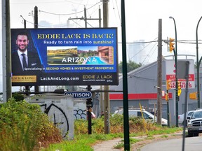 Former Vancouver Canucks goaltender Eddie Lack is selling Arizona property and has put up a billboard on the Grandview Highway between the SkyTrain station and the Italian Cultural Center to lure buyers.