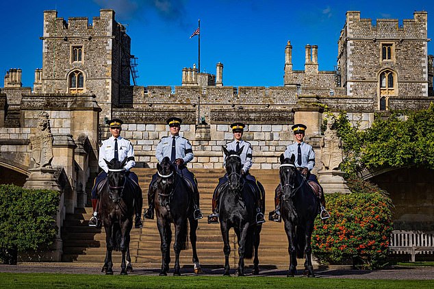 Horses of Honour: Superintendant Kevin Fahey on Sir John, Sergeant Major Scott Williamson on Darby, Corporal Justine Rogawski on Elizabeth and Constable Katy Loisel on George of the Royal Canadian Mounted Police will take the first steps of the Queen's funeral procession