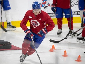 Canada's Juraj Slafkovsky during a speed test on day one of training camp in Brossard on September 22, 2022.