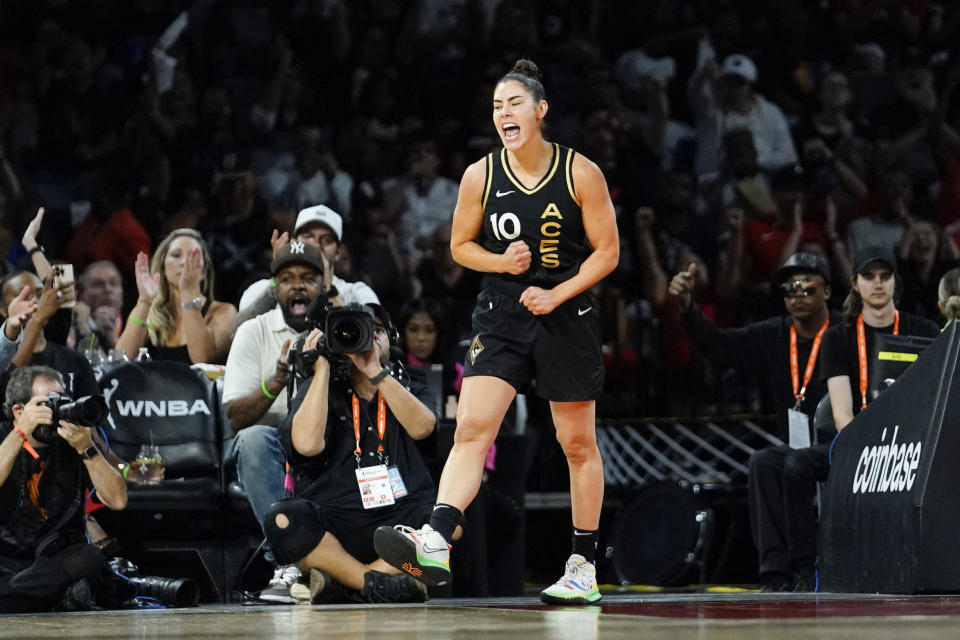 Las Vegas Aces guard Kelsey Plum reacts against the Connecticut sun during Game 2 of the 2022 WNBA Finals at Michelob Ultra Arena on September 13, 2022 in Las Vegas.  (Lucas Peltier/USA TODAY Sports)