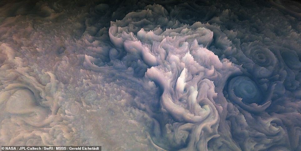 At first glance, this photo might be mistaken for a close-up of the icing on a delicious cupcake.  But the textured whorls and peaks are actually clouds in Jupiter's sky photographed by NASA's Juno spacecraft