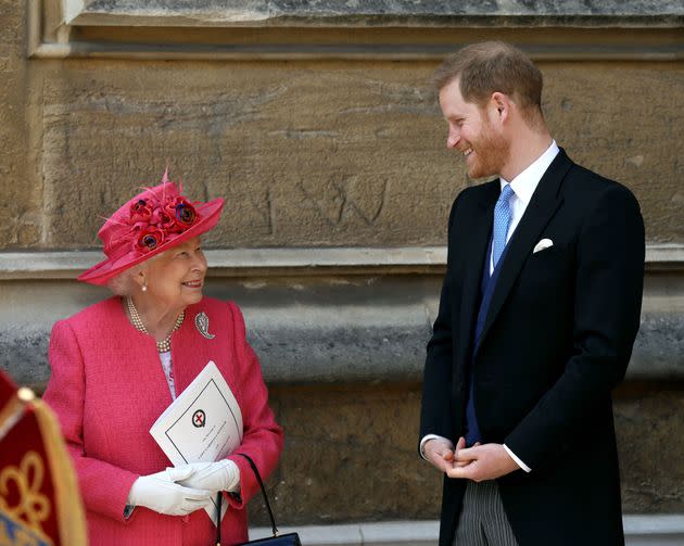 Queen Elizabeth II speaks with Prince Harry as they depart following the wedding of Lady Gabriella Windsor to Thomas Kingston on May 18, 2019 at St George's Chapel, Windsor Castle.  (Photo: WPA Pool via Getty Images)