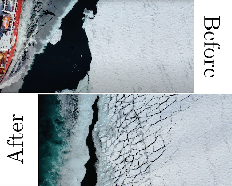 Two photographs of the ice cover, the first showing the passing ship before breaking up and the second showing breaking up.