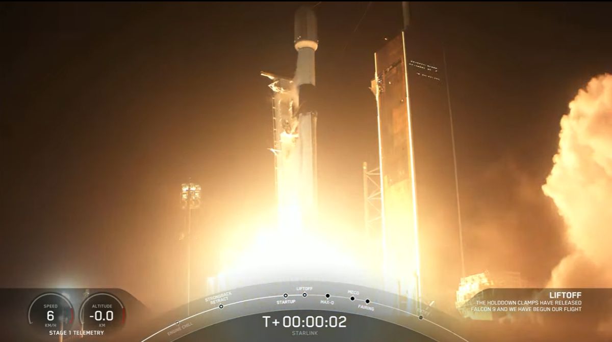 A SpaceX Falcon 9 rocket launches from Pad 39A at night