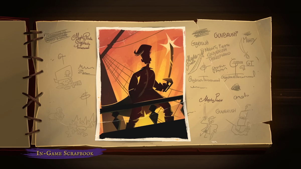 A digital scrapbook opens to a page with a photo of Guybrush Threepwood, the protagonist of the Monkey Island series, standing on a pirate ship, cutlass in hand.  Surrounding the photo are scribbles and scribbles that appear to be by Threepwood himself.