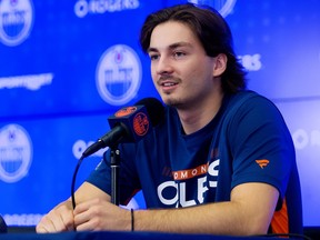 Xavier Bourgault addresses the media on day one of the Edmonton Oilers rookie camp at Rogers Place on Wednesday September 14, 2022.