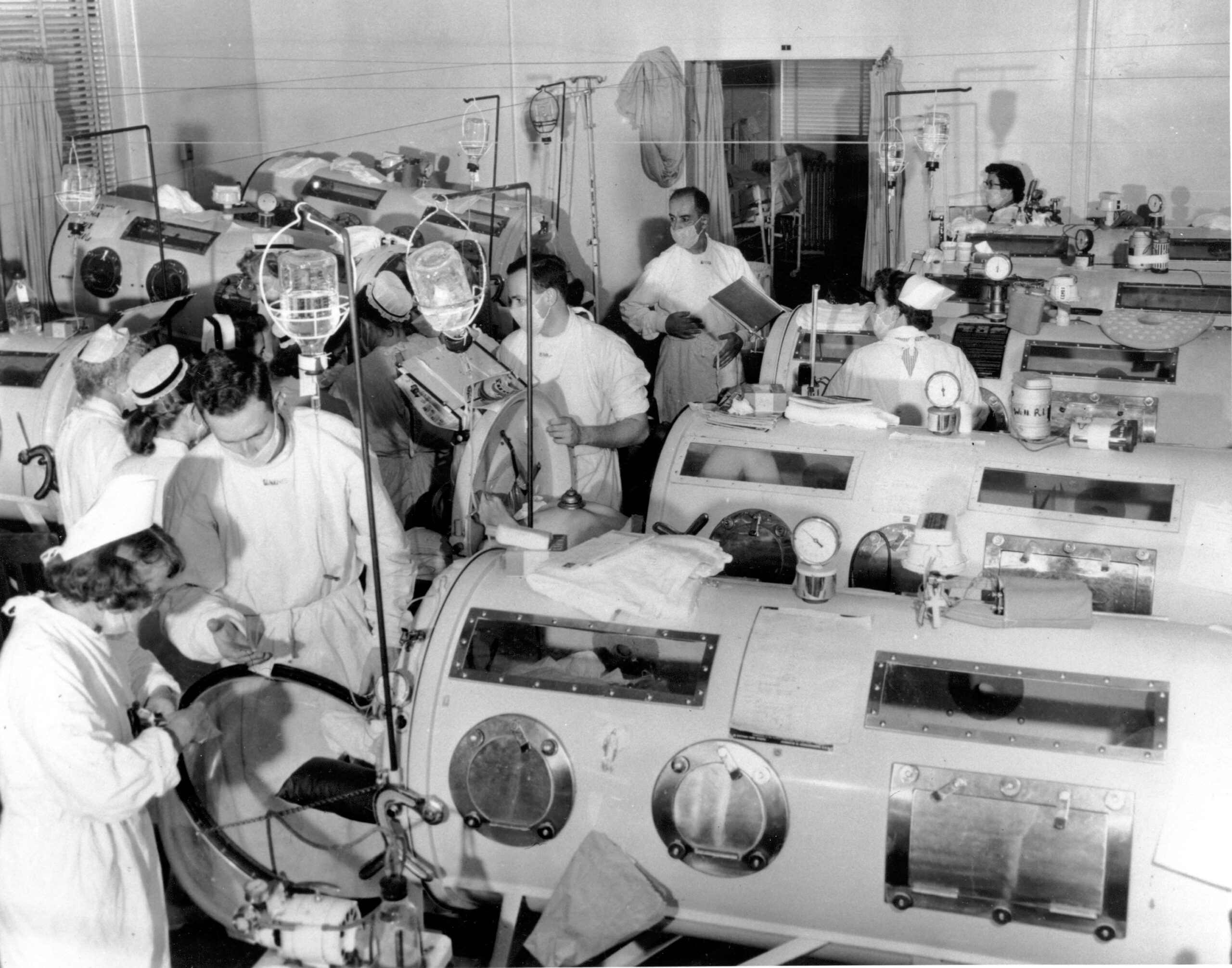 Critical-care patients in the emergency polio ward at Haynes Memorial Hospital in Boston in August 1955.