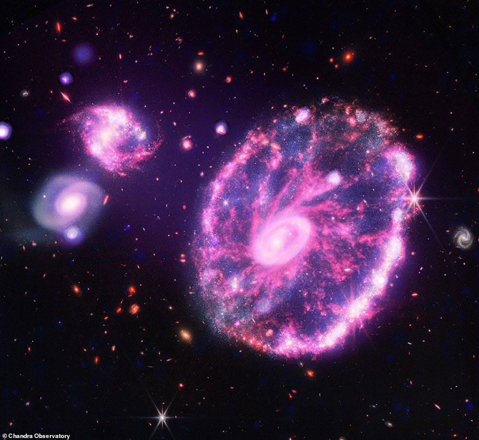 The Cartwheel Galaxy (top) gets its shape from a collision with another smaller galaxy about 100 million years ago