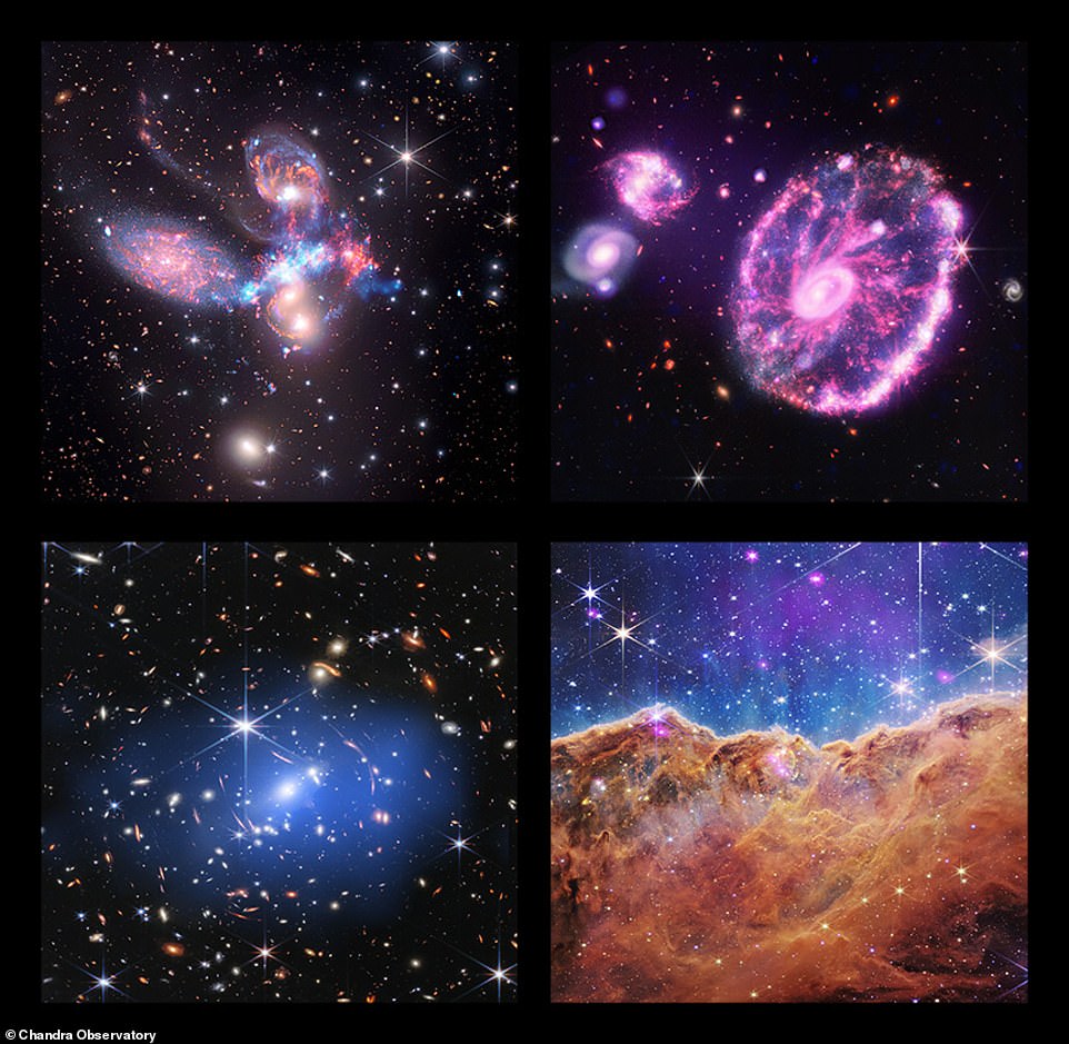 The newly released images show (clockwise from top left): Stephen's Quintet, the Cartwheel Galaxy, the cosmic cliffs of the Carina Nebula, and SMACS 0723..3-7327