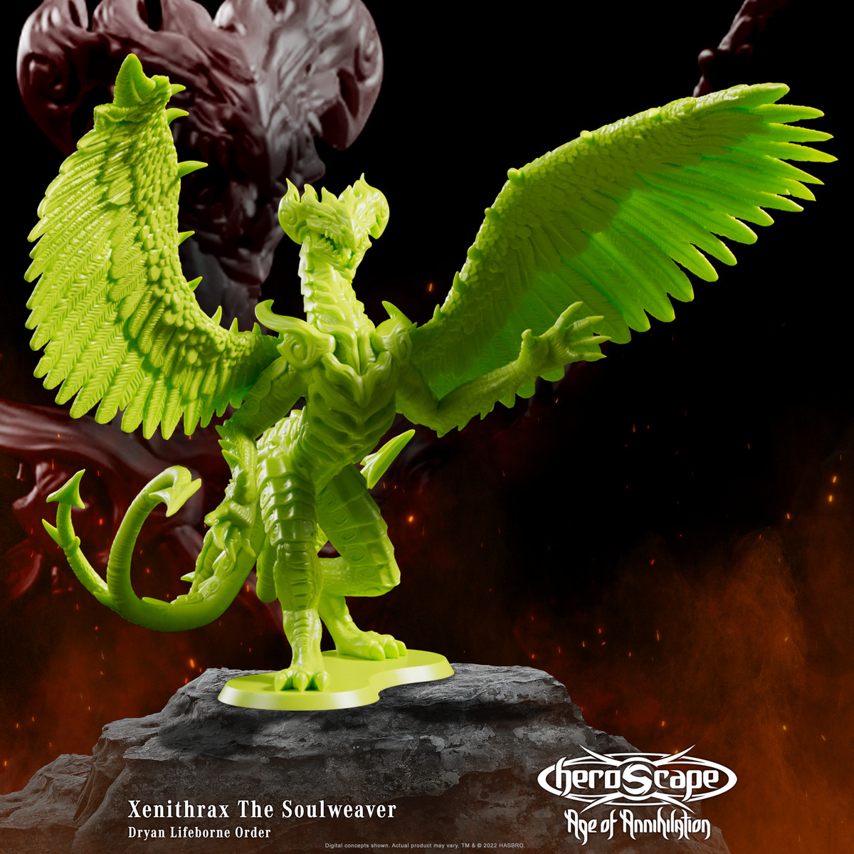 Xenithrax the Weaver of Souls is a huge armored dragon that stands on two legs, wings outstretched.