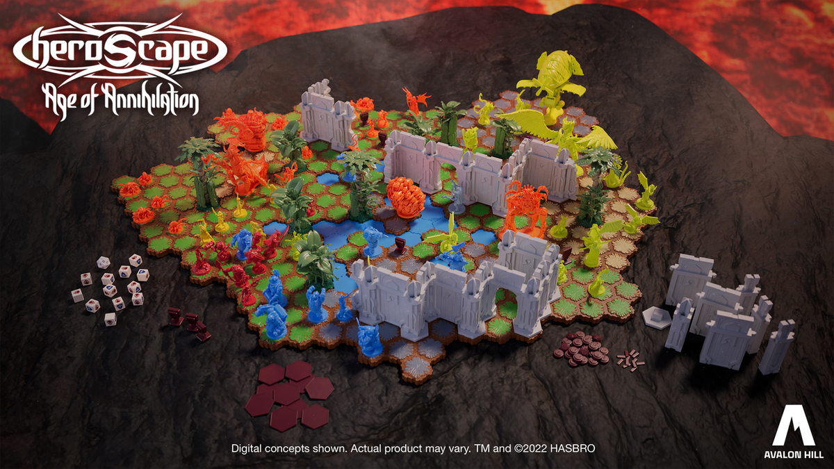 The complete Heroscape: Age of Annihilation set collection includes gray ruins, green grass, and blue water tiles.  Dice and other plastic parts are also shown in this rendering.