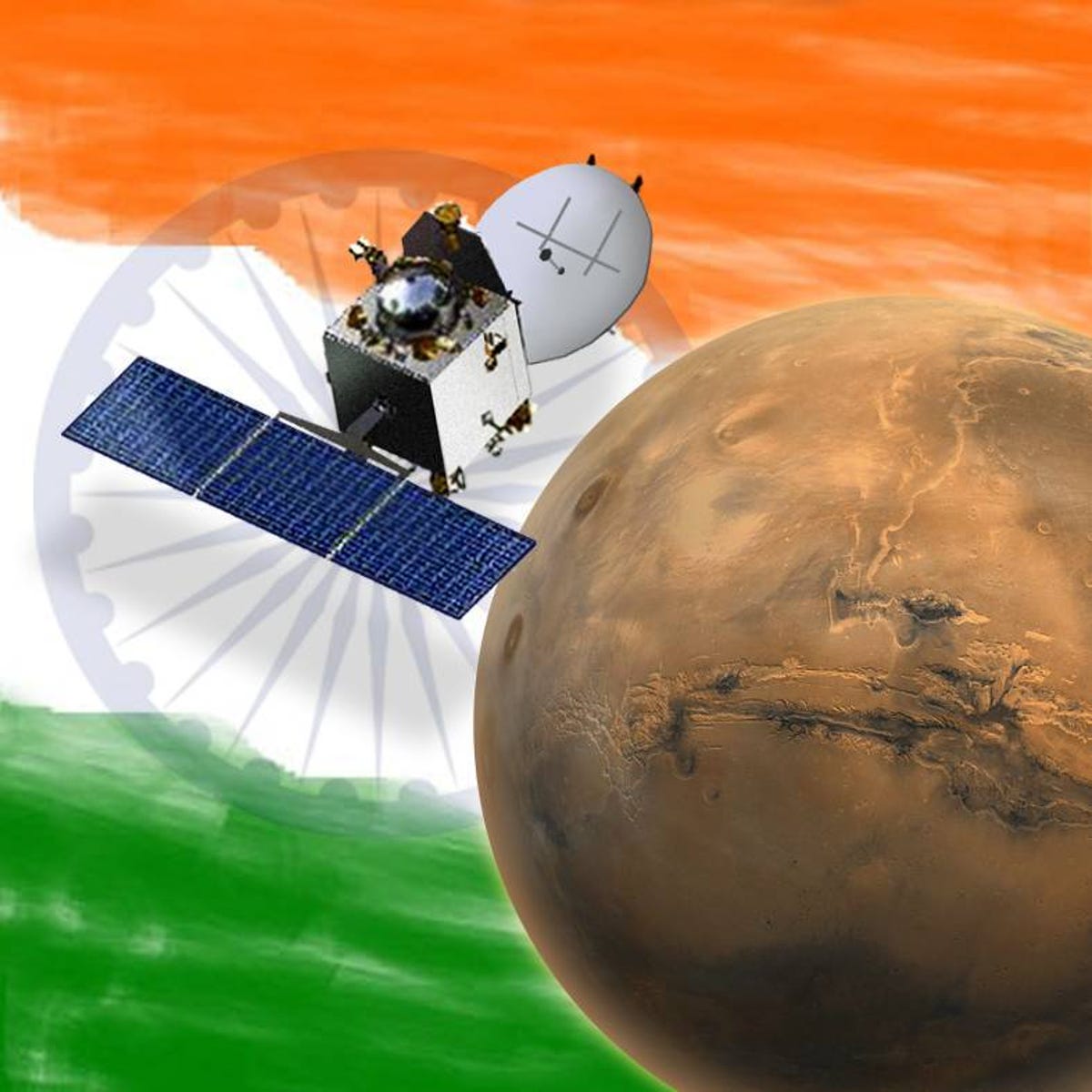 In the background is an Indian flag depicting Mangalyaan with Mars.