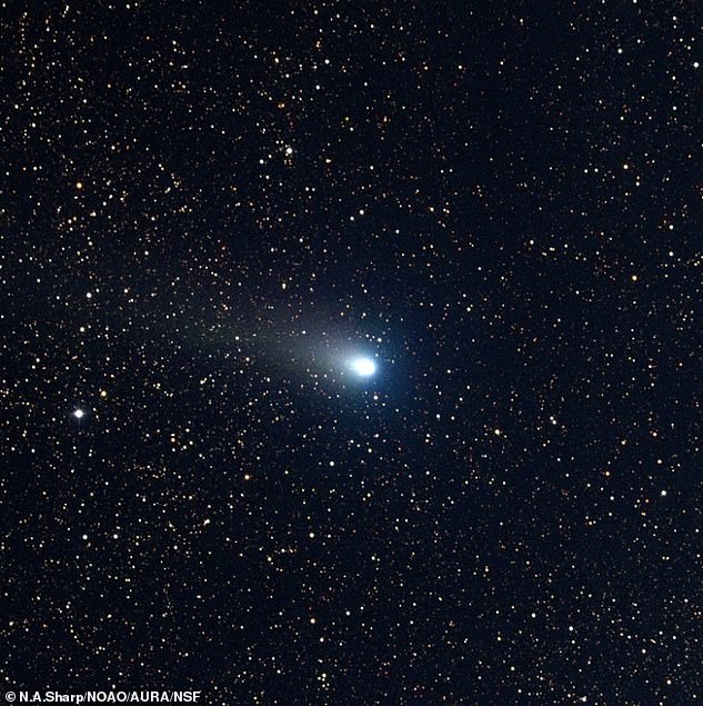 The Draconian meteor shower comes from the debris of Comet 21 P/Giacobini-Zinner - a small comet measuring 2 kilometers in diameter.  The comet is pictured here in an October 31, 1998 image taken by the Kitt Peak 0.9 m telescope