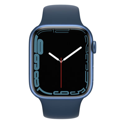 A product image of the blue Apple Watch Series 7 on a white background