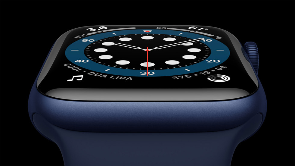 A closeup of the face of an Apple Watch Series 6